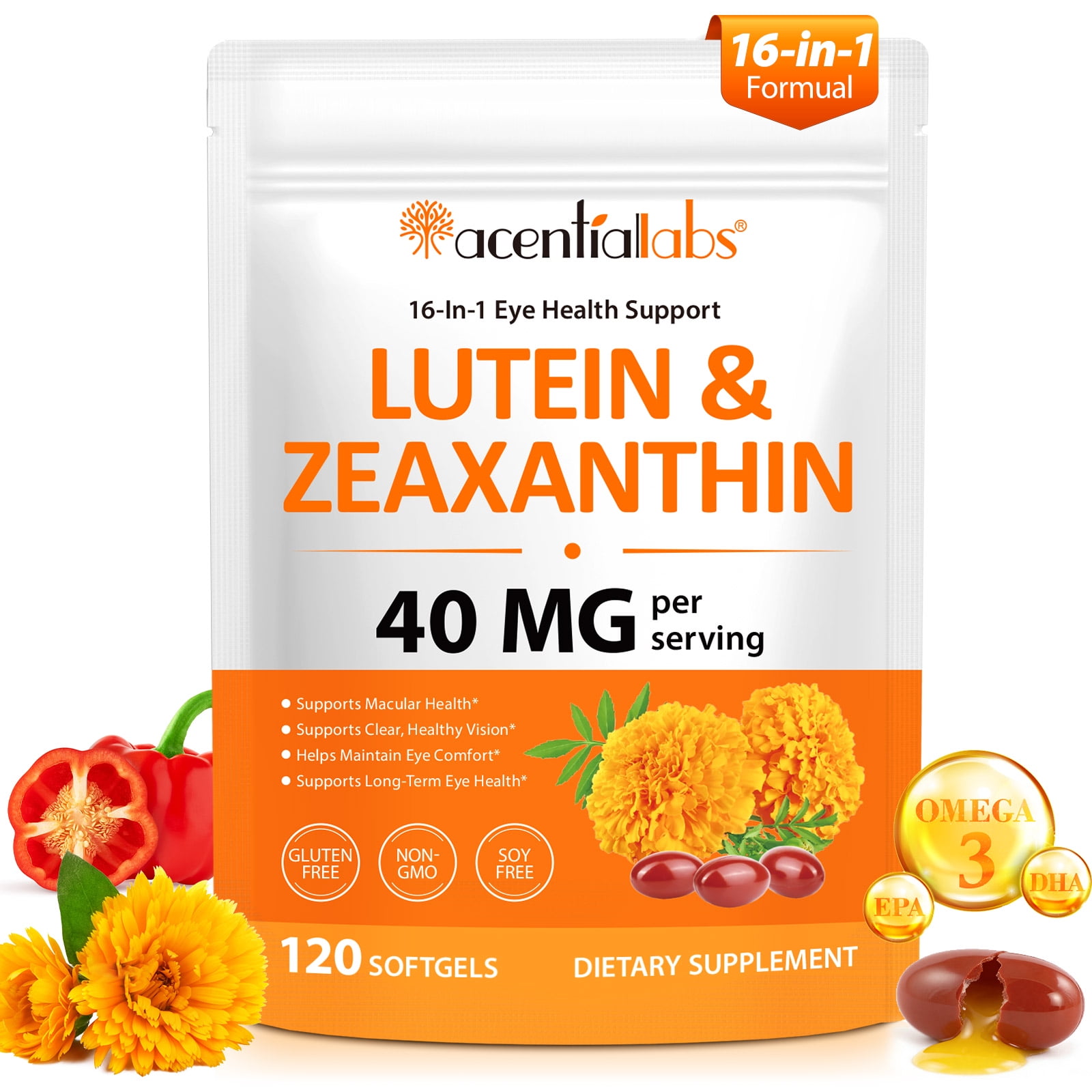 Lutein 40mg with Zeaxanthin, Eye Health Support, Dietary Supplement Softgels, 120 Count