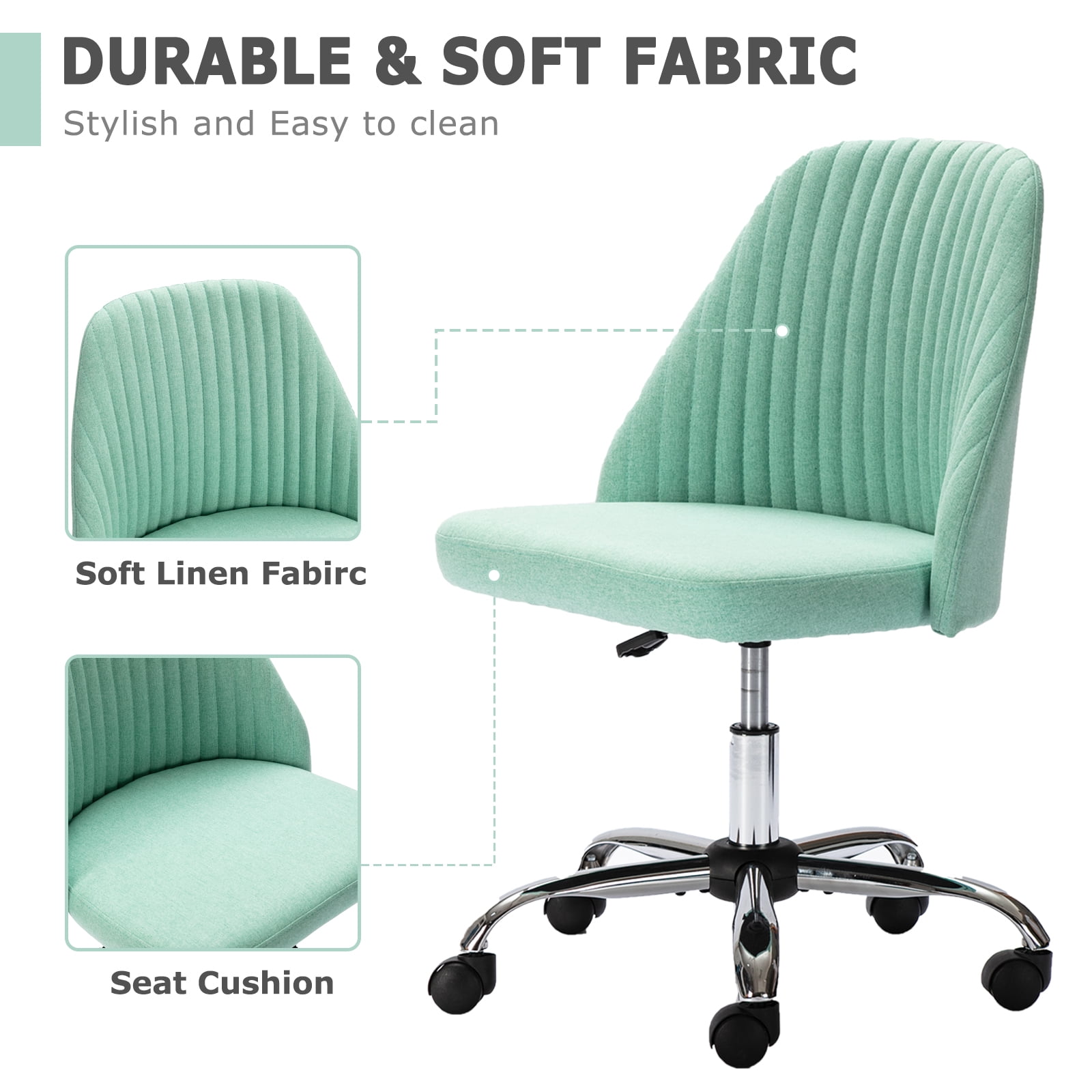 edx Vanity Chair, Armless Desk Chair with Wheels, Adjustable Swivel Fabric Makeup Chair, Comfortable Home Office Task Computer Chair, Green