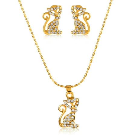 - Gold Tone Crystal Cat Pendant Necklace and Stud Earrings Jewelry Set