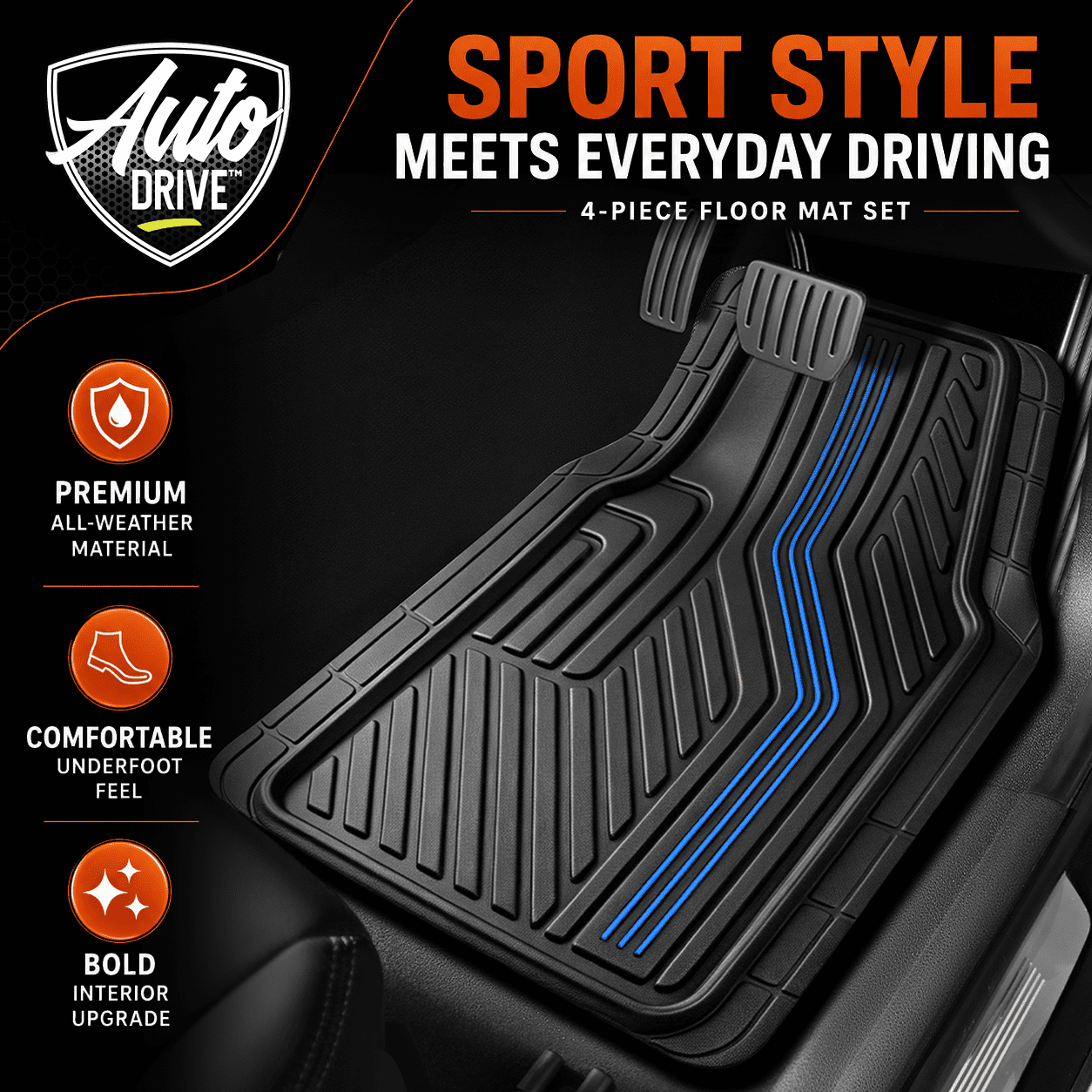 Auto Drive Rubber Car Floor Mats, Decorative Insert Trim Floor Mats Set, All Weather Automotive Floor Mats, Easy-Clean, Anti-Slip Backing for Cars, SUVs, Trucks, and Vans 3 Piece Blue