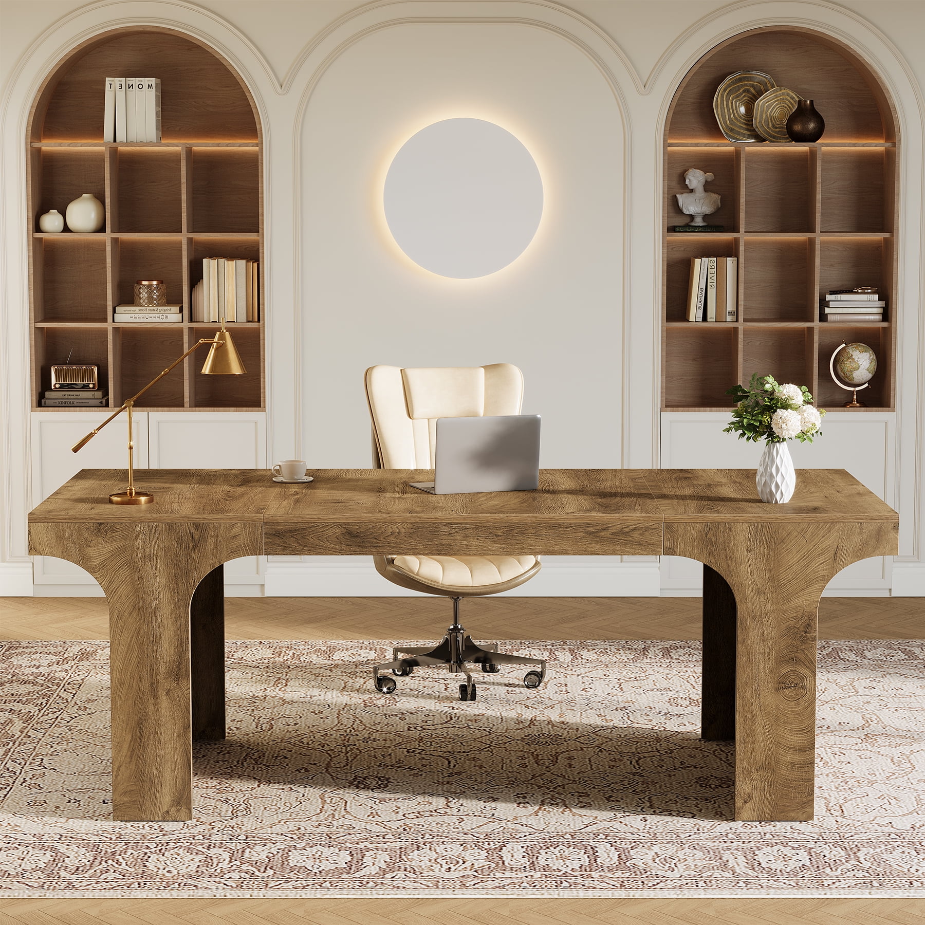 Tribesigns 70.87" Executive Office Desk, Large Workspace Computer Desk, Modern Wooden Table with Arched Design for Home Office, Brown