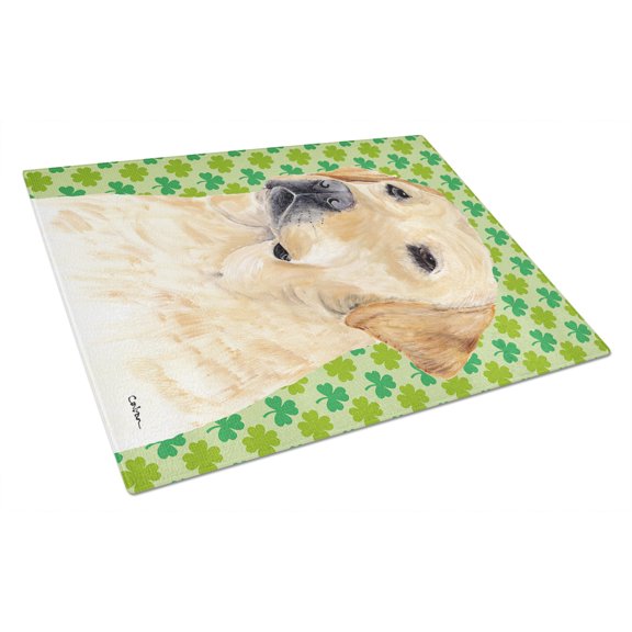 Labrador Yellow St. Patricks Day Shamrock Portrait Glass Cutting Board Large