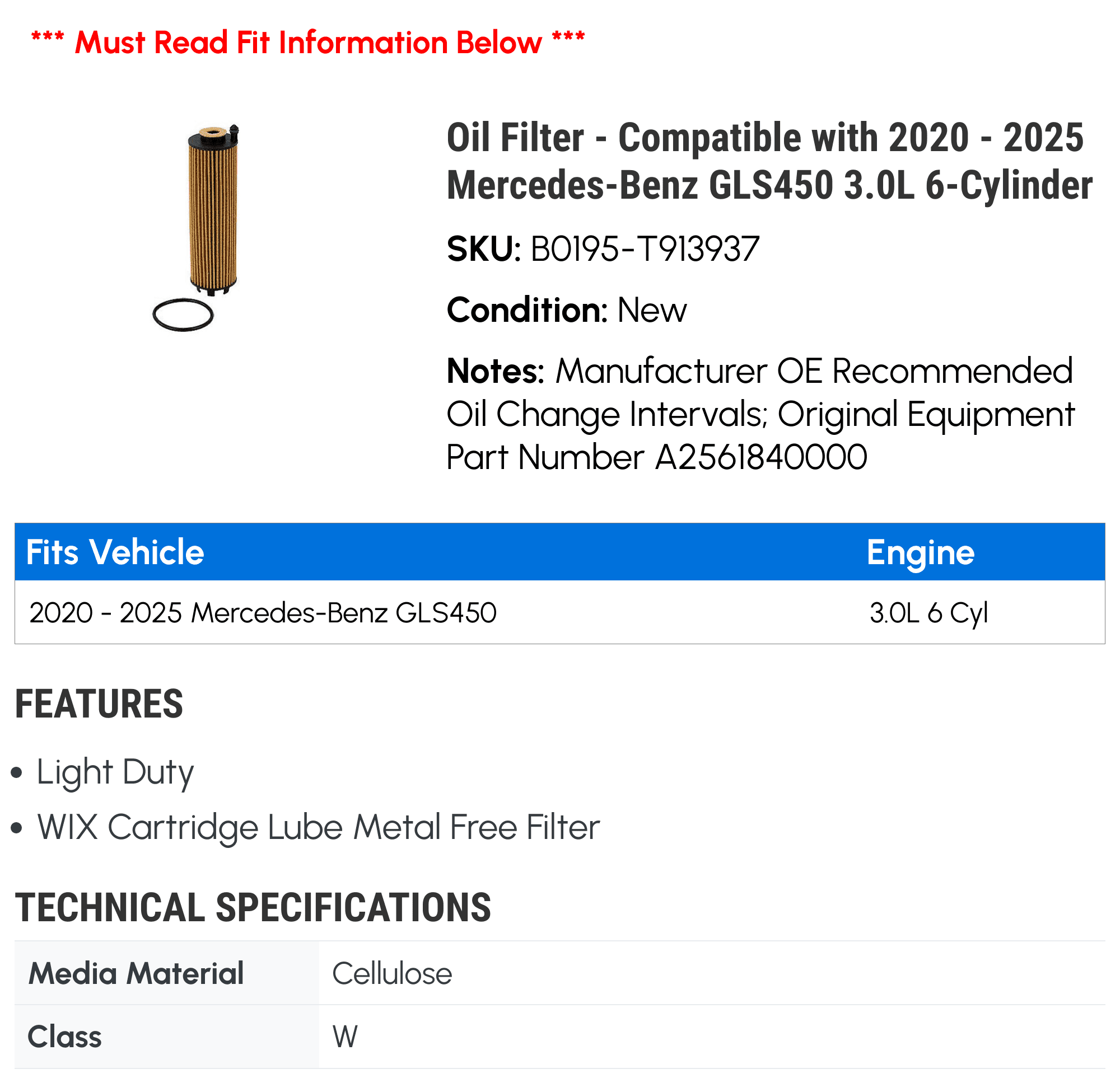 Oil Filter - Compatible with 2020 - 2025 Mercedes-Benz GLS450 3.0L 6-Cylinder 2021 2022 2023 2024