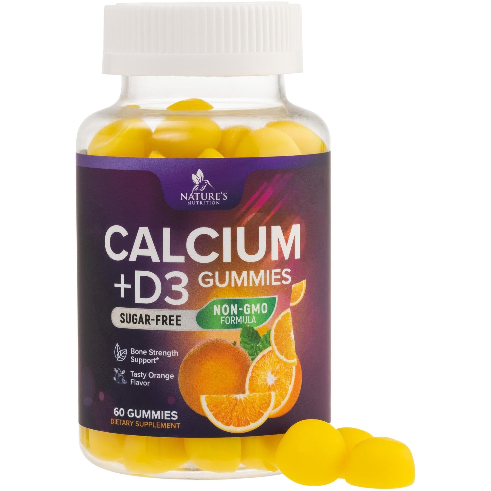 Calcium Supplement Gummies - Sugar Free Calcium Gummy with Vitamin D3 for Best Absorption - Supports Immune Health, Bones & Teeth - Nature's Calcium Chews for Women & Men - Orange Flavor - 60 Gummies
