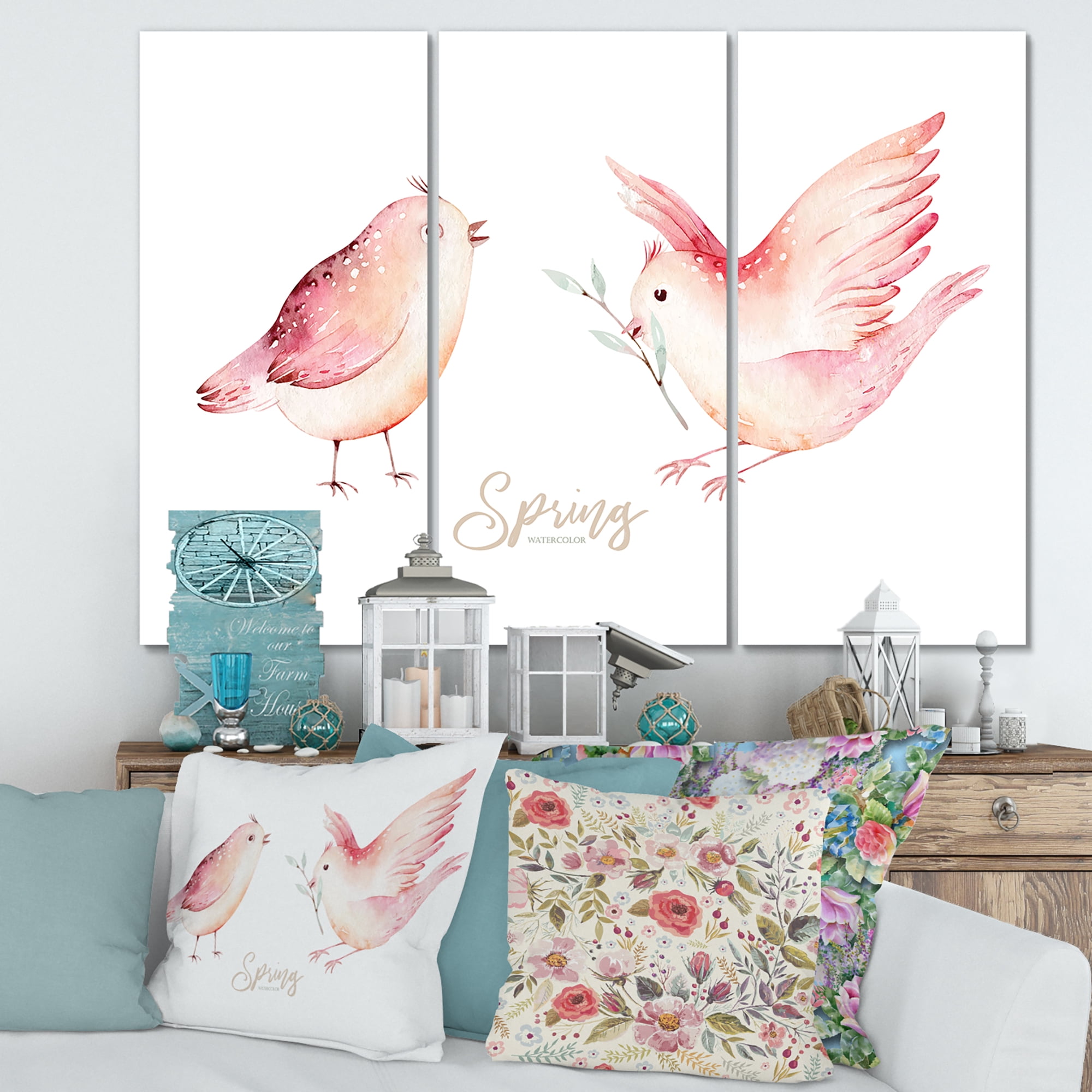 Designart ' Spring Bird With Green Leaves On White ' Traditional Canvas Wall Art Print
