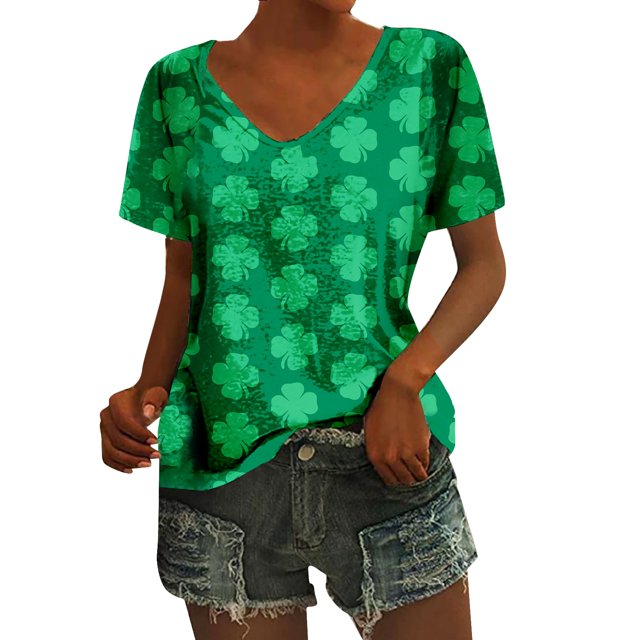 Hot Sale!! T-Shirt Femme St Patricks Day Col en V Manches Courtes Imprimé Sequins T-Shirts Décontractés Festifs Drapeau Irlandais Trèfle Col Rond Tee Tops Blanc + TTG