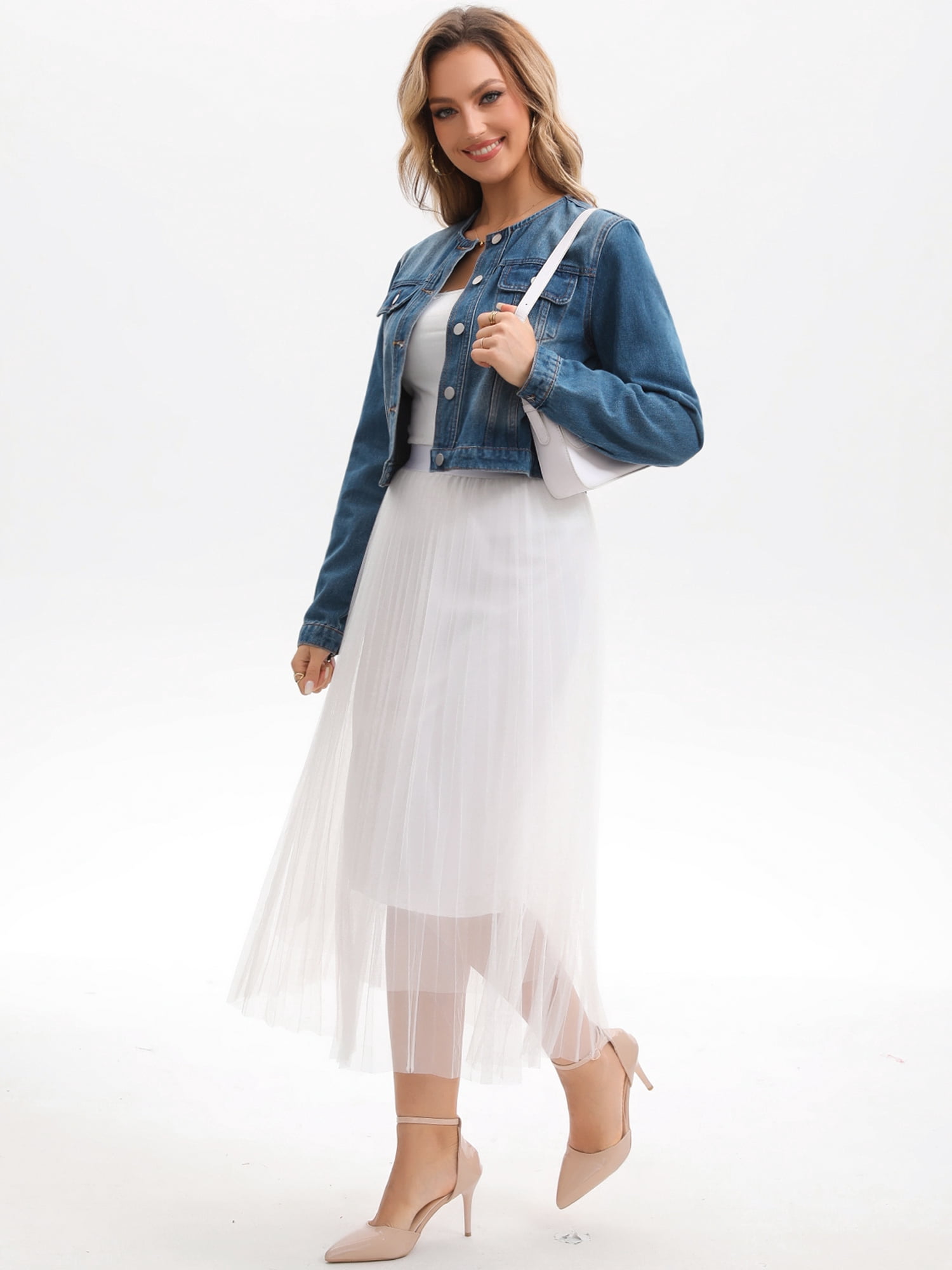 DARING DIVA Women's Collarless Button Down Long Sleeve Denim Jacket M Blue