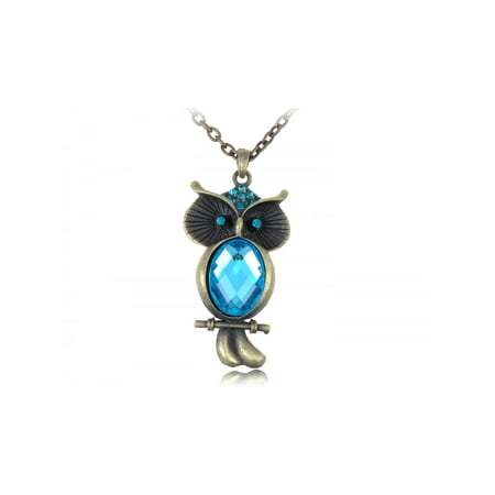 Blue Zircon Crystal Owl Special Perched Tree Branch Pendant Necklace