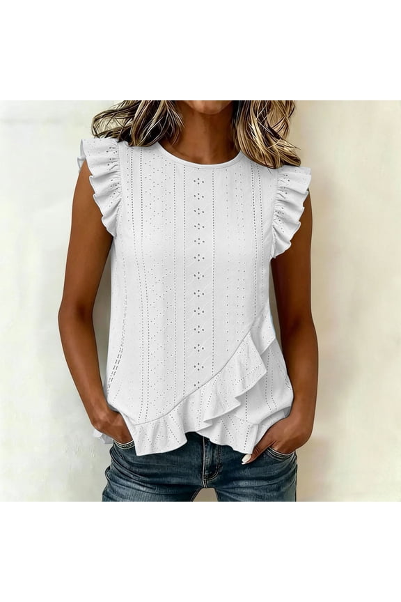 Women's Sleeveless Ruffle Trim Eyelet Blouse, Casual Summer Top with Flutter Sleeves and Asymmetrical Hem for Work Commute and Everyday Errands White M