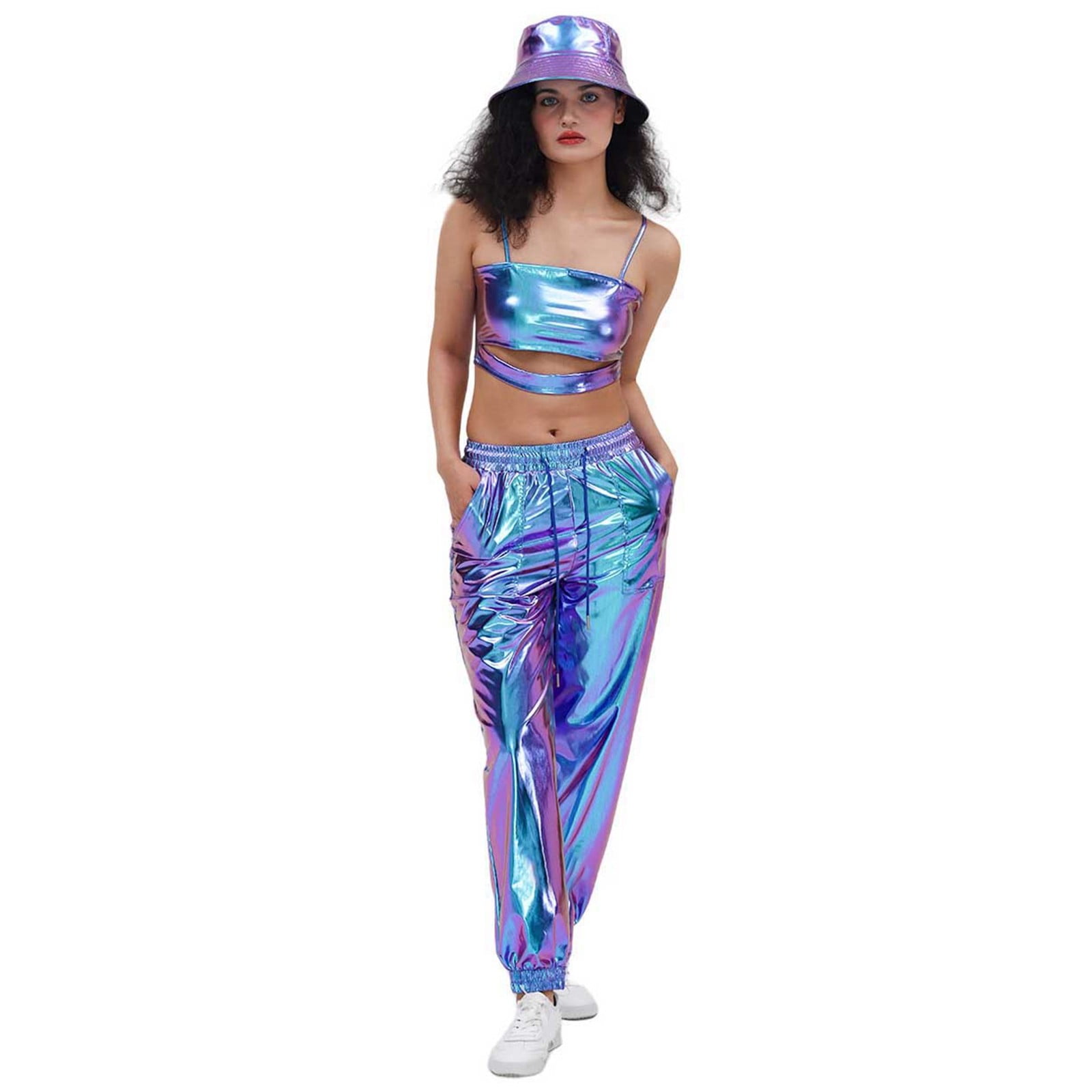 Wovix Womens Shiny Metallic High Waist Stretchy Jogger Pants Wet Look Hop Club Wear Holographic Trousers Casual Sweatpant Trendy Streetwear Party Show