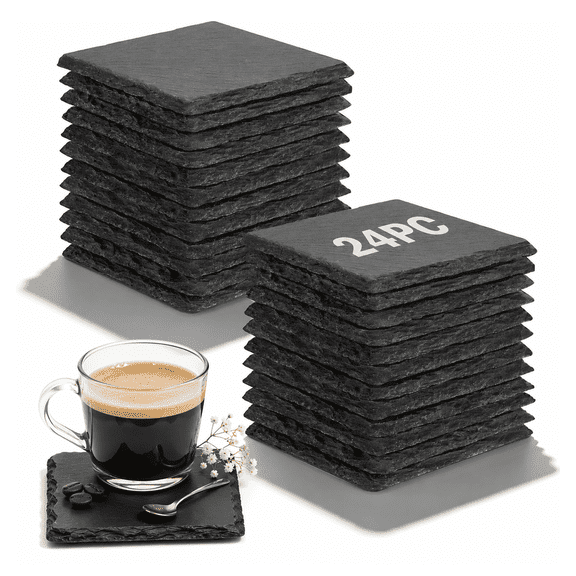 24 Count 4 Inch Square Black Slate Drink Coasters, Natural Stone with Protective Bottom Pads
