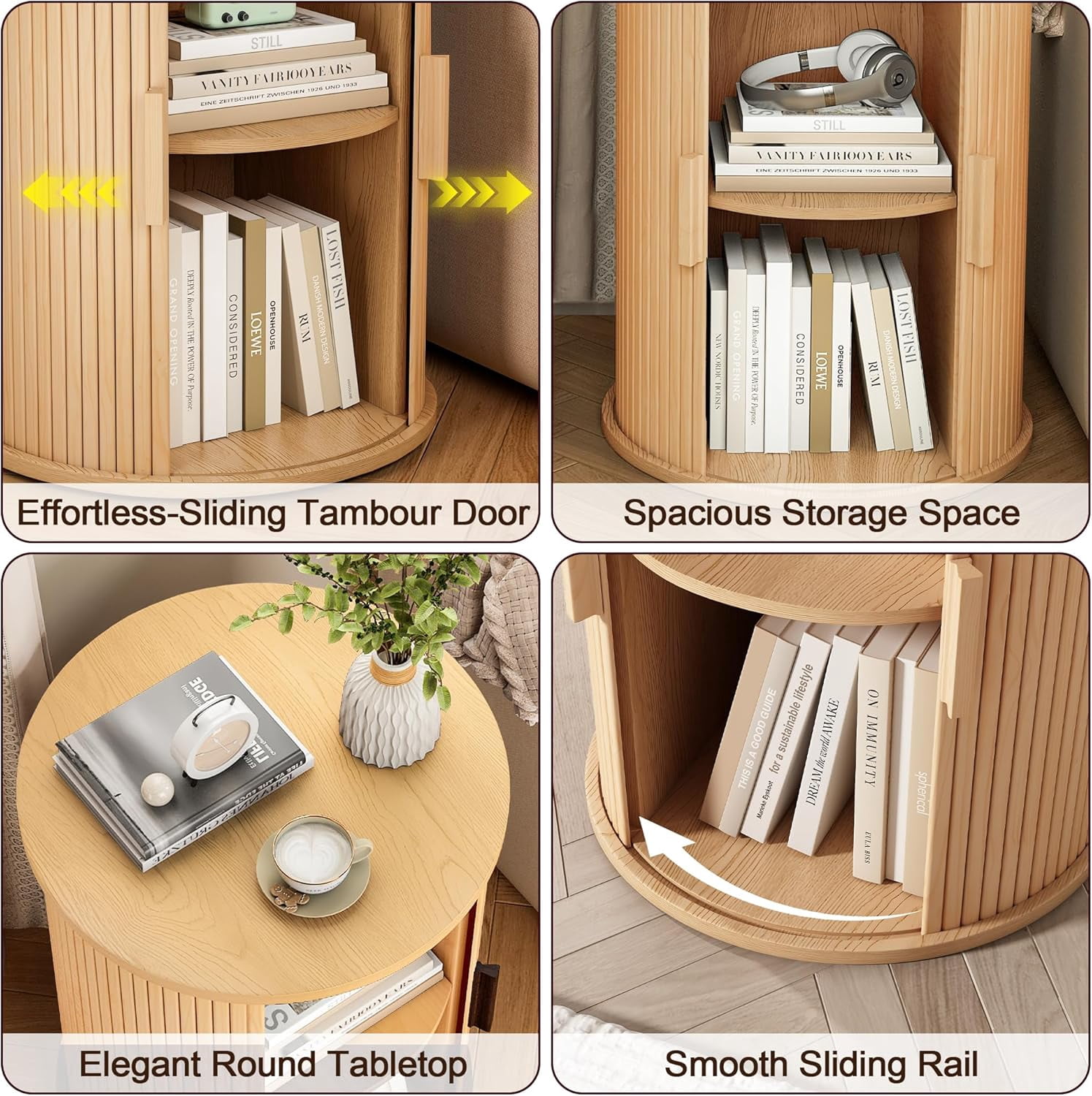 Round Fluted End Table Set of 2, NEORIVER Tall Side Table with Sliding Tambour Door and Adjustable Storage Shelf, Modern Bedside Table, Nightstand for Living Room, Bedroom