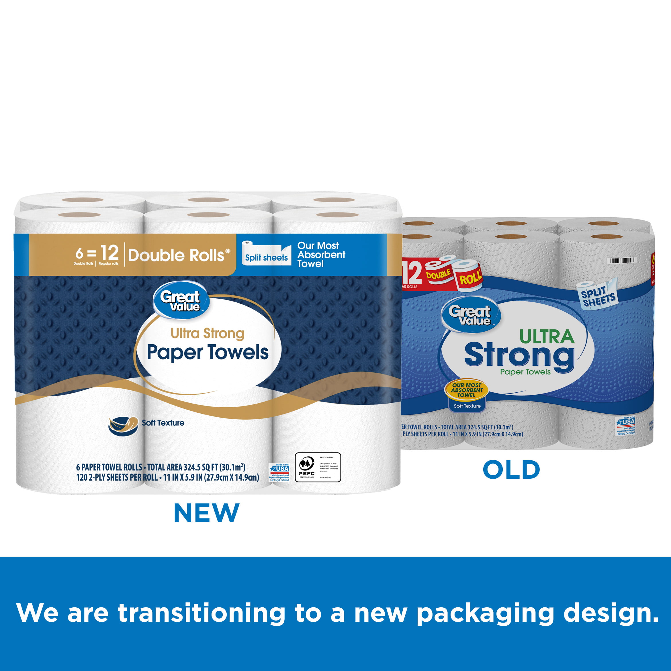 Great Value Ultra Strong Paper Towels, Split Sheets, 6 Double Rolls ...