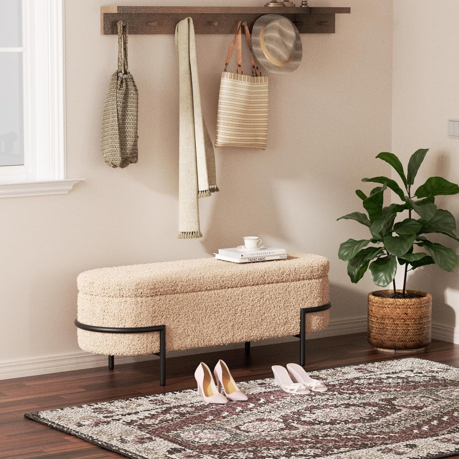 VEANERWOOD Storage Ottoman Bench Bedroom Bench Holds Up To 600lb, 45.3''Sherpa Upholstered Footstool Bench with Metal Legs for Entryway, Living Room Bedroom,