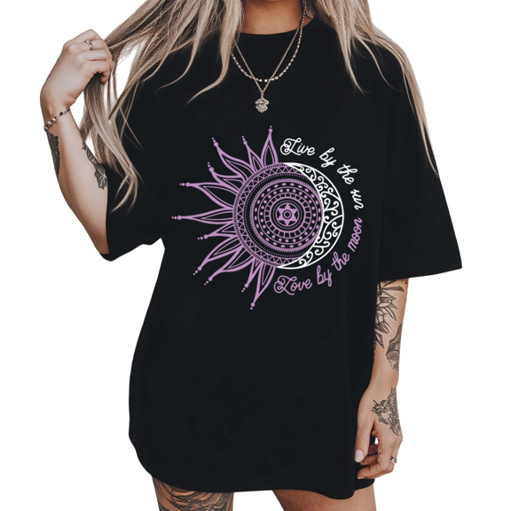 Boho Celestial Balance Print Womens Short Sleeve T-Shirt Oversized Black Tops