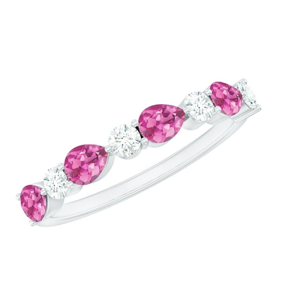 Rosec Jewels Real Pink Tourmaline and Diamond Ring - Half Eternity Ring with Tourmaline (AAA Grade) - Ready to Gift for Anniversary, 925 Sterling Silver, US 4.00