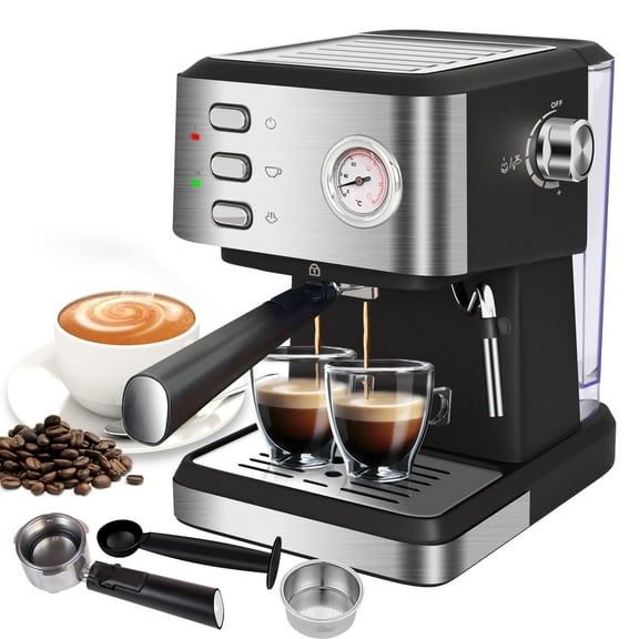 Bluebow CM3020 Espresso Machine 20 Bar, 1.5L Water Tank Pressure Gauge Milk Frother Steam Coffee Maker, Silver