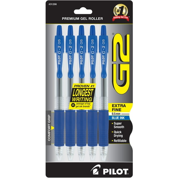 Pilot G2 Premium Retractable Gel Ink Pens, Extra Fine Point, 0.5 mm, Blue Ink, 5 Pack