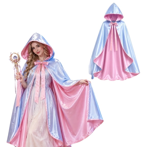 Reversible Hooded Cloak Cape Pink Blue Satin Fairy Tale Costume Halloween Cosplay Cape Witch Wizard Robe Carnival Party Outfit for Adults for Women Men Adults Cosplay