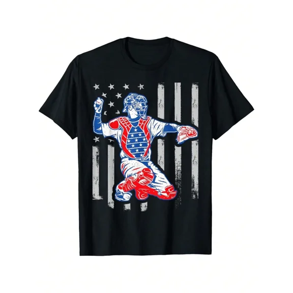 children’s wear Retro Patriotic USA Flag Baseball Catcher Graphic T-Shirt for Kids Boys Girls, Cute American Flag Sports Tee for Toddler Child