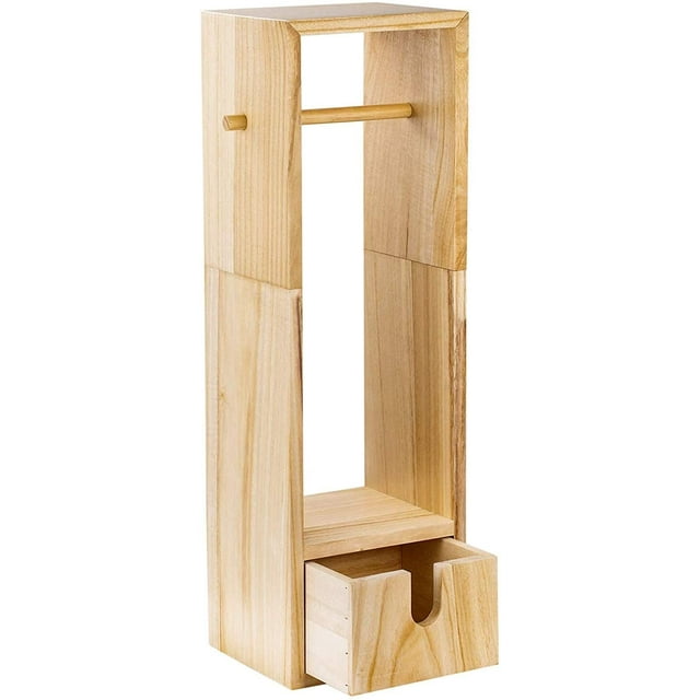 Wood Toilet Paper Holder, Free Standing Bathroom Toilet Tissue Paper Roll Shelf Rack and Dispenser with Storage Drawer. Made of natural wood in a burlywood finish, this compact stand measures 6.7 x 7.8 x 25.2 inches and weighs 3.6 lbs. It features a slim design with a storage drawer for bathroom essentials, a top shelf for additional storage, and space to hold multiple toilet paper rolls. Ideal for organizing small bathrooms or powder rooms.