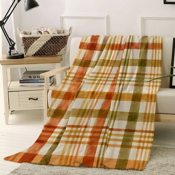 Throw Blanket Fleece Throw Blanket 50x60in, Thanksgiving Theme Striped Soft Lightweight Bed Blankets Brown Green Plaid Fuzzy Couch Blankets for All Season