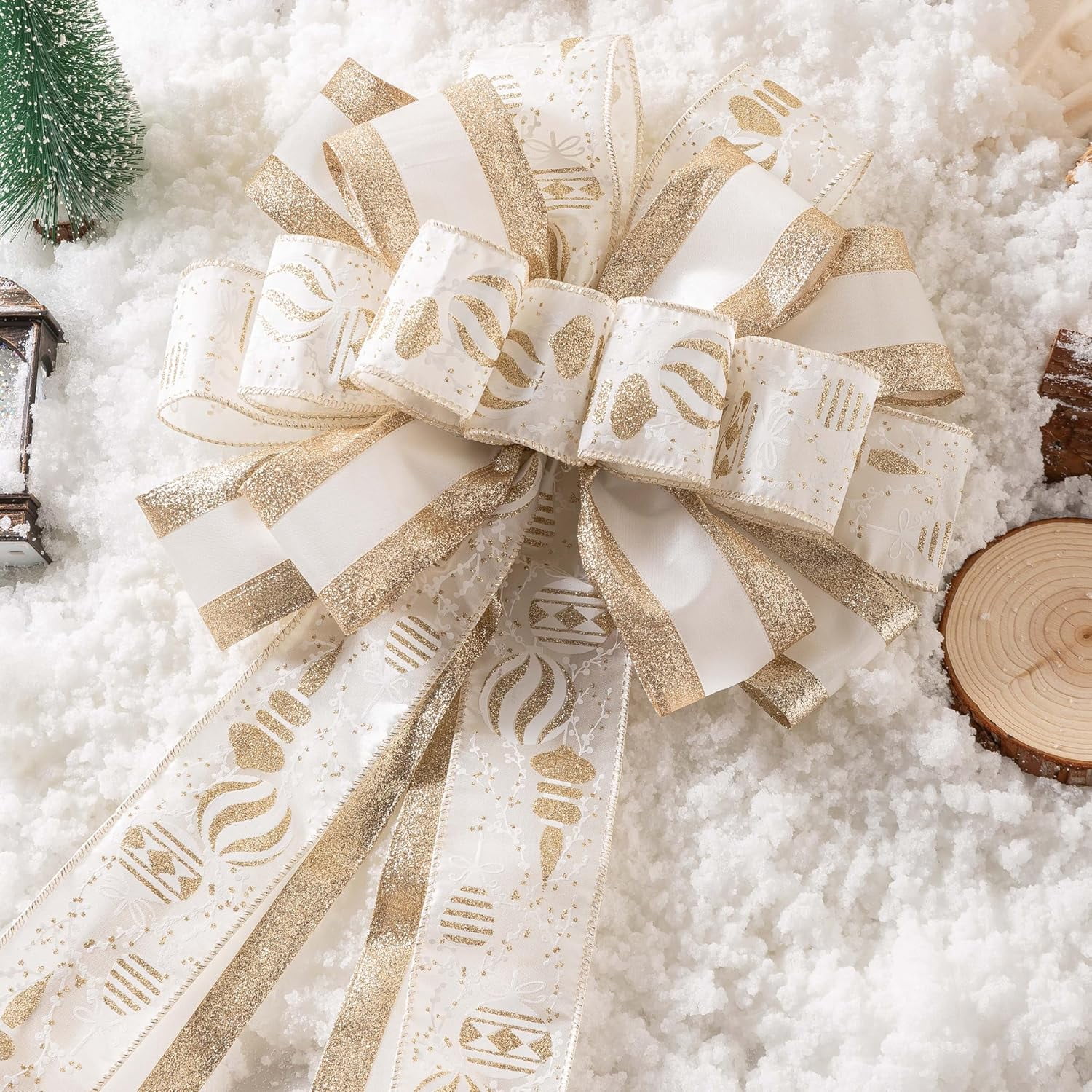 Christmas Tree Topper, 40x13 Inches Toppers Bow with Glitter Satin Mesh Streamer and Patterned Ribbon, Christmas Tree Topper Bow for Christmas Home Decoration (White Golden)