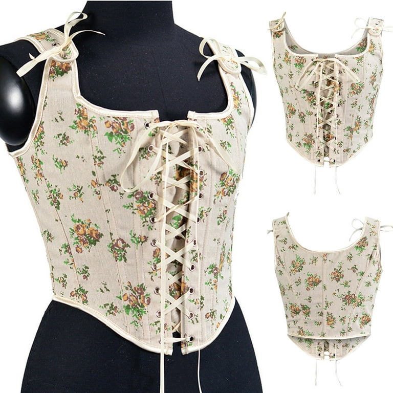 Womens Corsets On Sale Casual Sexy Eyelet Lace-up Embroidery Floral Print  Tight Vest Drawstring Tie-up Suspender Court Vintage Straps Tank Top  Fashion Denim Overbust Corset Bustier Top qILAKOG Size M 