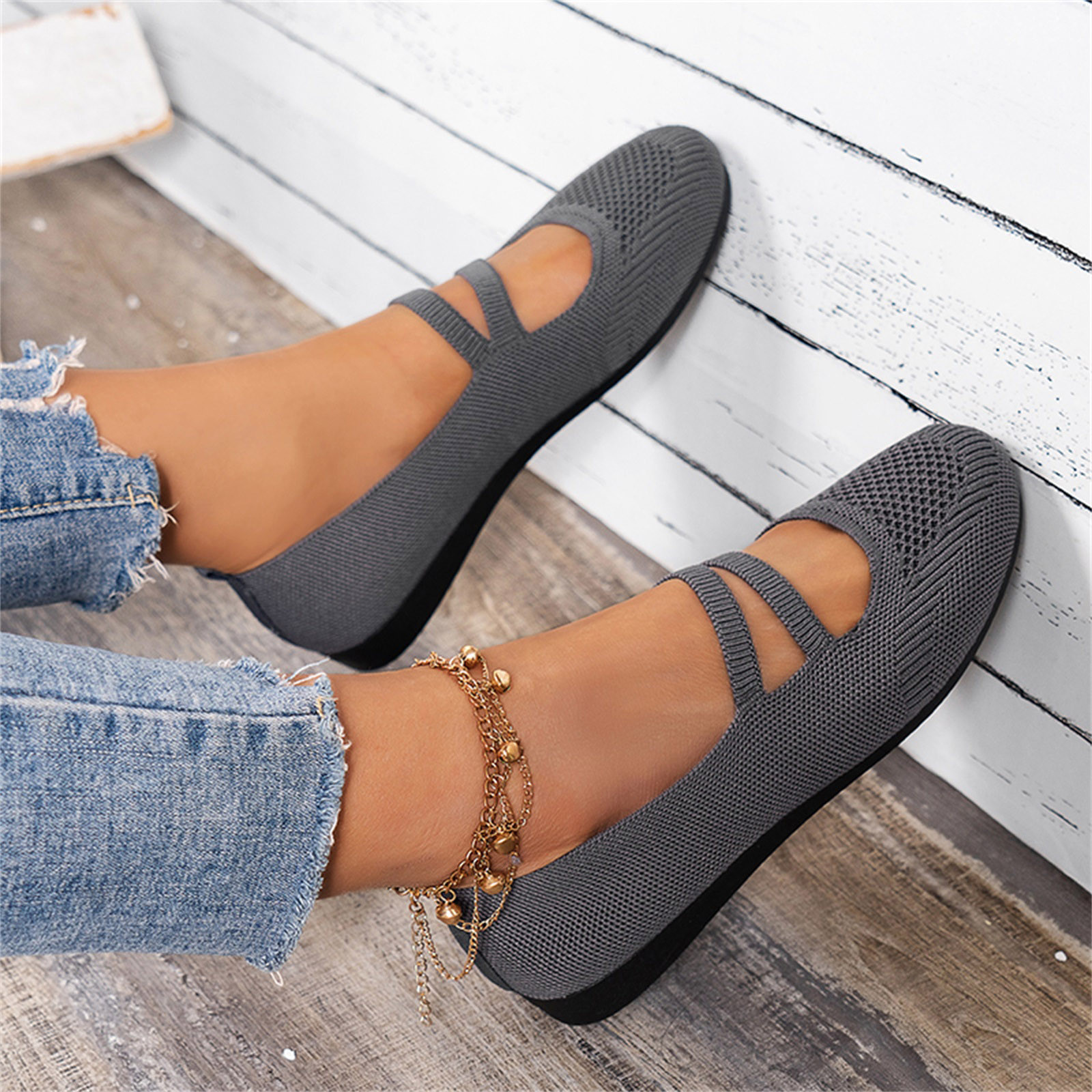 Ladies Fashion Solid Color Breathable Knitting Comfortable Flat Casual Shoes Sandals Home Casual on Shoes for Women No Back Sandal Heels Shoes Women Business Casual Womens Shoes Shoe for Women Walmart...