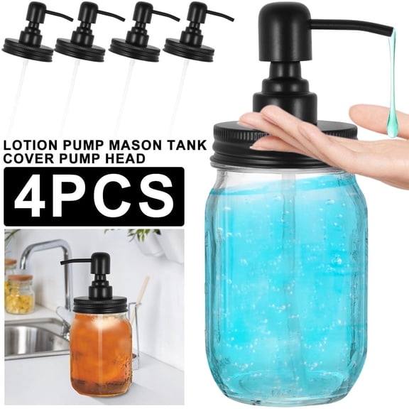 4PCS Regular Mouth Mason Jar Soap Dispenser Lids with Pumps, Rustproof 304 Stainless Steel Lotion Dispenser Replacement Tops for Kitchen Sink & Bathroom Vanity, Matte Black