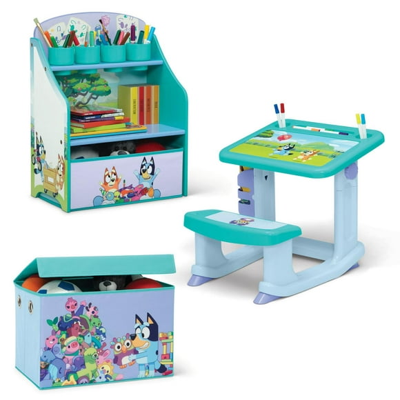 Bluey 3-Piece Art & Play Toddler Room-in-a-Box by Delta Children  Includes Draw & Play Desk, Art & Storage Station & Fabric Toy Box, Blue