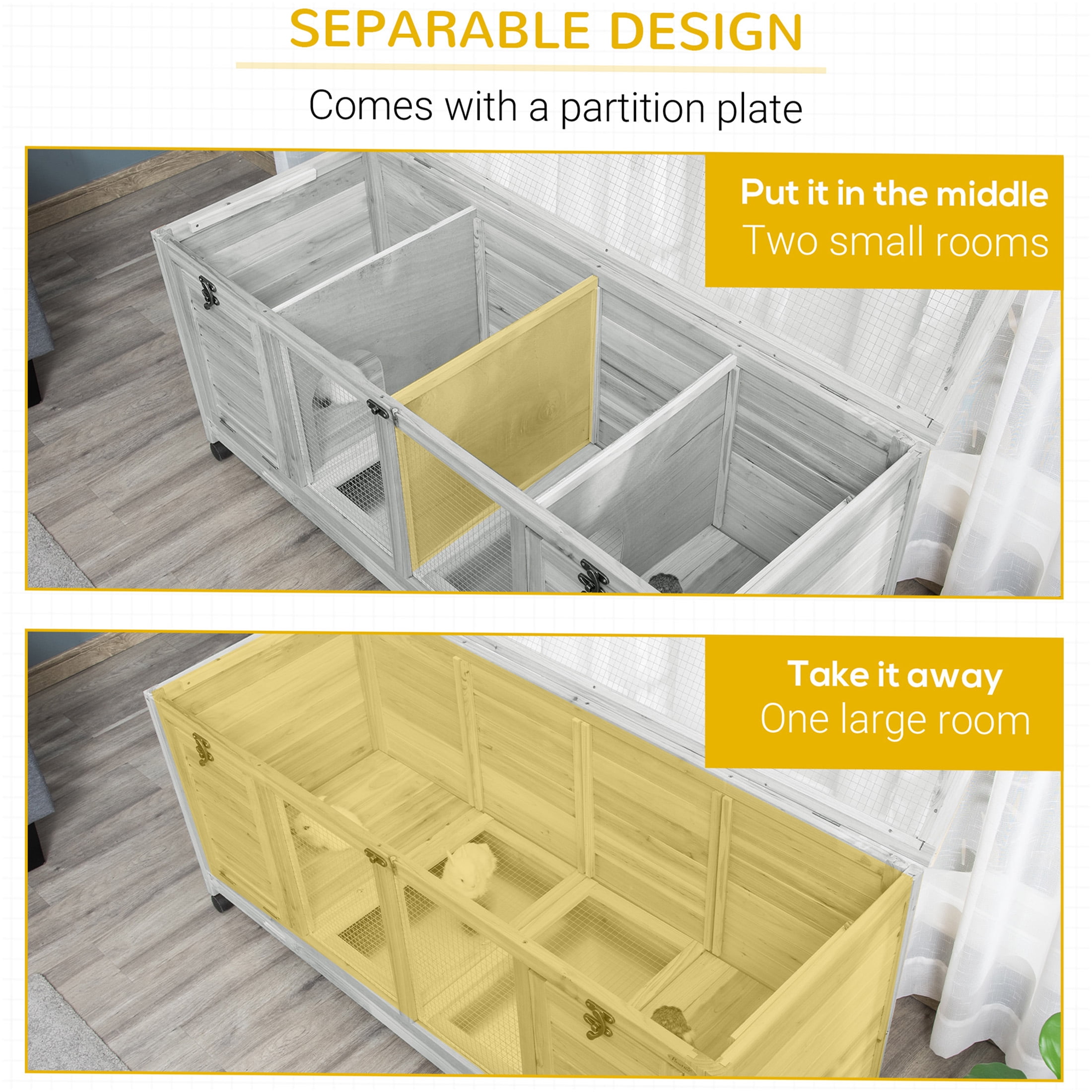 JERFIT 2-Tier Rabbit Hutch with Wheels, Gray Wooden Bunny Cage w/ Openable Roof, Divider Panel & Pull-Out Tray for Indoor/Outdoor Small Pets