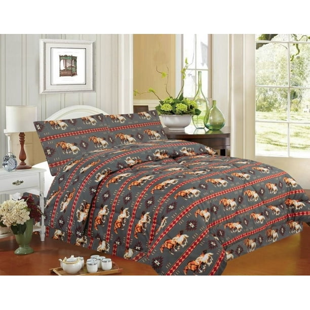QUEEN COMFORTER 4Pc SET Southwestern Tribal Running Horses Gray
