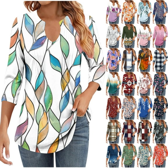 JTZGDY Womens 3/4 Sleeve Tops Dressy Casual Floral Printed Fall V Neck Outfit Graphic T-Shirts Trendy 2025 Basic Ruched Pleated Fall Tunic Blouse for Leggings Green#01 L