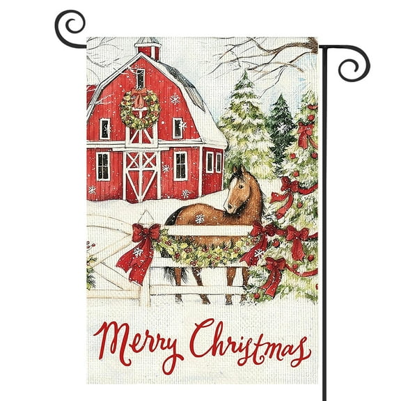 DMERBYL Merry Christmas Farm Horse Garden Flag 12×18 Inch Double Side Rustic Farmhouse Yard Flag Christmas Winter Outdoor Decor