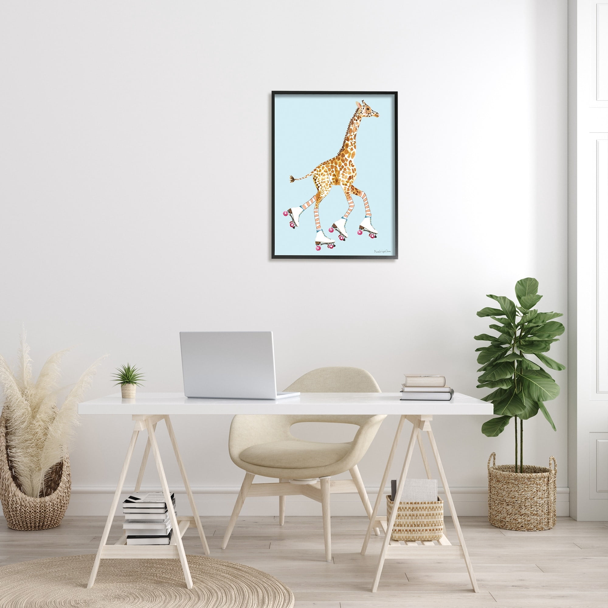 Funky Giraffe Roller Skates Pink Wheels Striped Socks 24 in x 30 in Framed Painting Art Print, by Stupell Home Décor