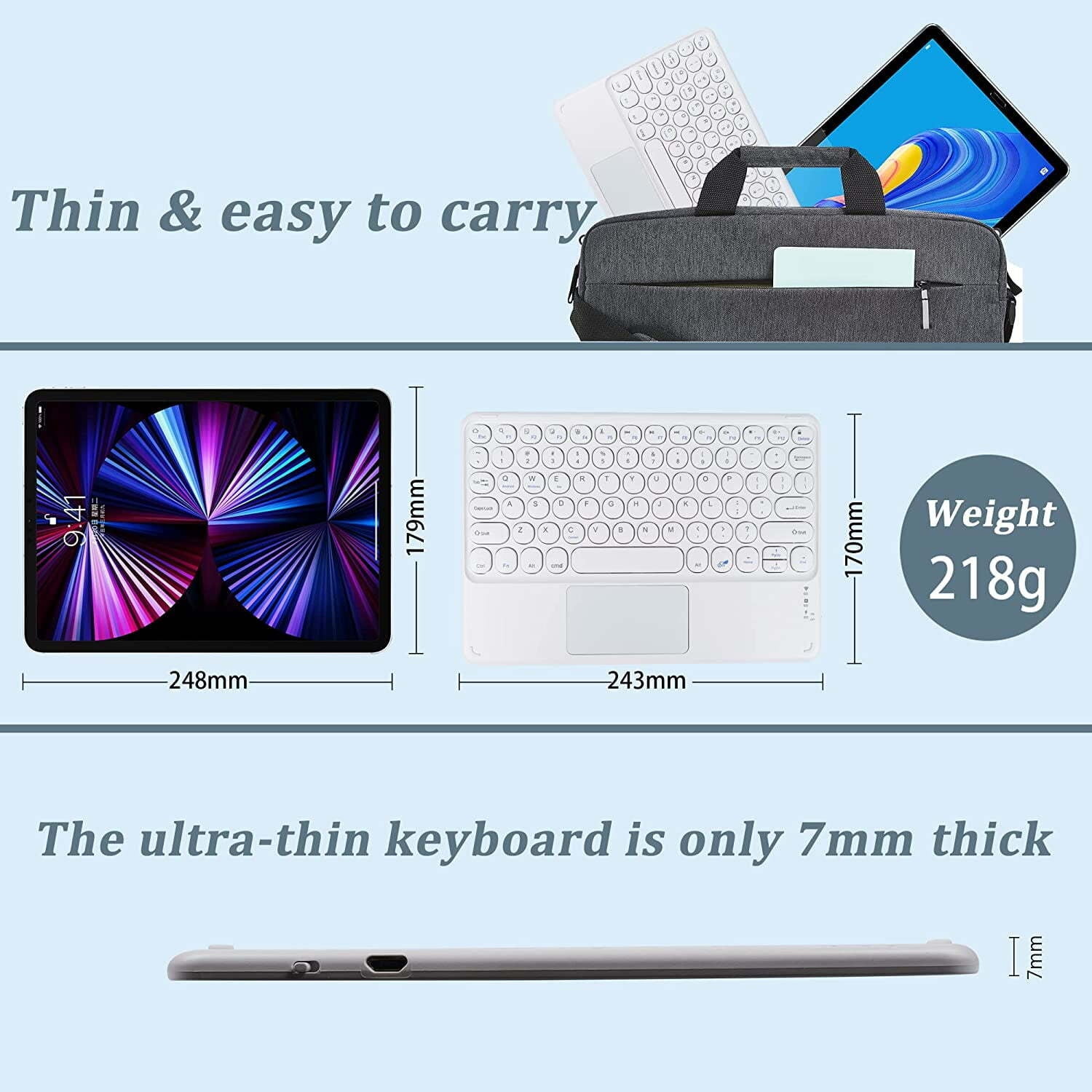 JINRAN Wireless Bluetooth Keyboard with Touchpad for ipad, Portable Mini Small Universal Rechargeable 10 inch Ultra-Slim Wireless Keyboard for Tablet Smartphone PC Computer Laptop Windows Android iOS