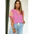 thumbnail image 5 of Women's Bright Pink Waffle Knit T-Shirt – Casual Short Sleeve with Striped Patchwork, XL, 5 of 5