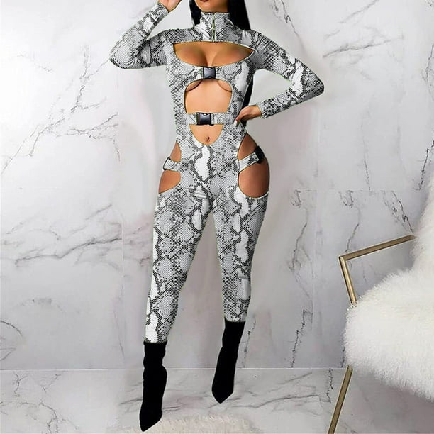 ICHUANYI Clearance Women's Jumpsuits Leopard Print Sexy Hollow Out Long Sleeve Buckle Jumpsuit ICHUANYI "ICHUANYI"
