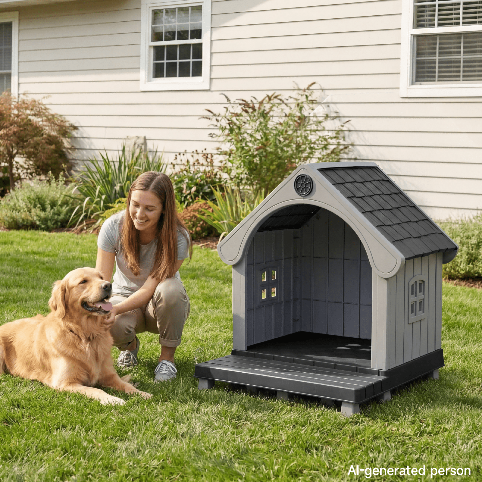 Dovov Plastic Dog House with Elevated Floor and Air Vents, Waterproof Doghouse Indoor Outdoor Dog Kennel with Porch, Large Puppy Shelter, Black Gray