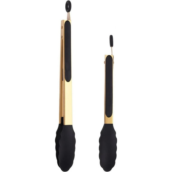 Stainless Steel Classic Kitchen Serving Food Party Gold Tongs 9" and 12" Cooking Tong with BPA Free Silicone Tips, Dishwasher Safe Serving Tools(set of 2)