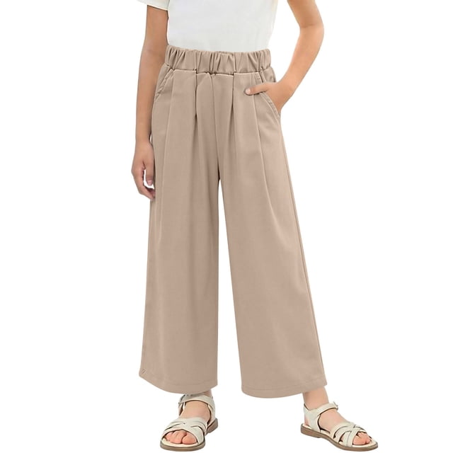 StSilkitty Girls Ruffle Pants High Waist Elastic Casual Wide Leg Pants with Pockets Solid Color Lightweight Soft Trousers
