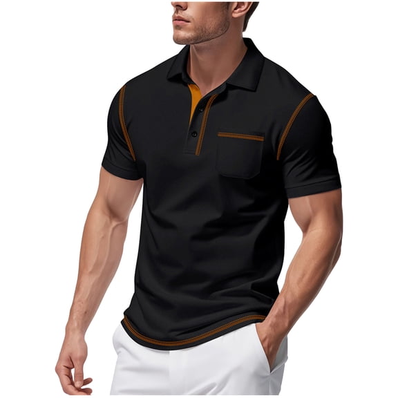 Dagegui Black T-Shirts for Men Summer Short Sleeve Shirt Collared Button Down Golf Shirts with Pocket Dress Business Work Tee S