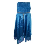 Mogul Silk Sari Beach Dress Blue Printed Strapless Smocked Bodice Two Layer Maxi Skirt
