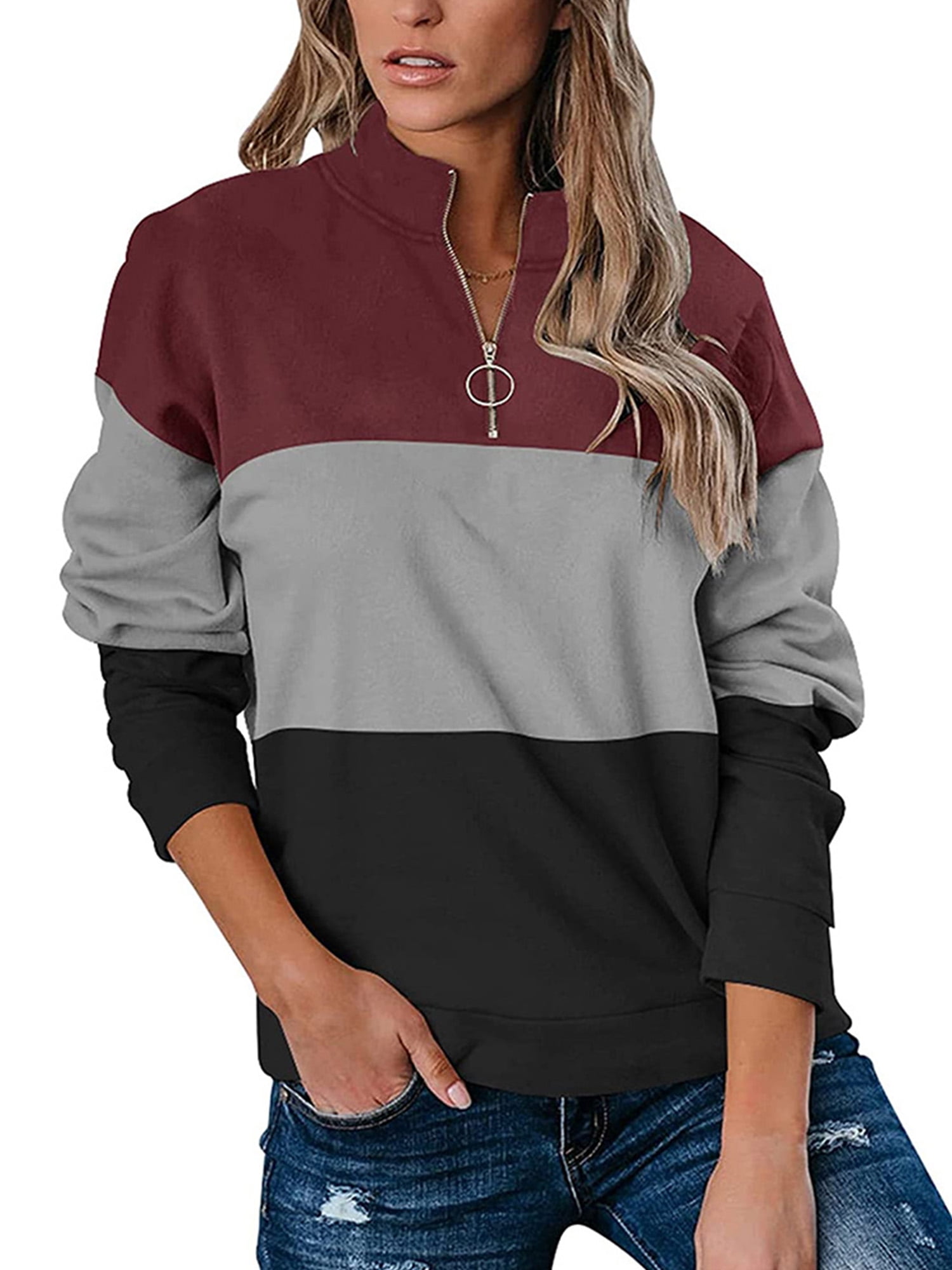 Gvmfive Women Colorblock Sweatshirt Long Sleeve Zip Mock Neck Pullover
