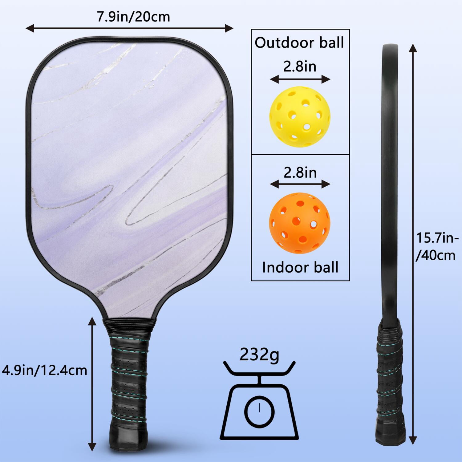 Pickleball Paddles Set Of 2, Fiberglass Surface, Turquoise Marble Pattern, 4 Balls & Bag
