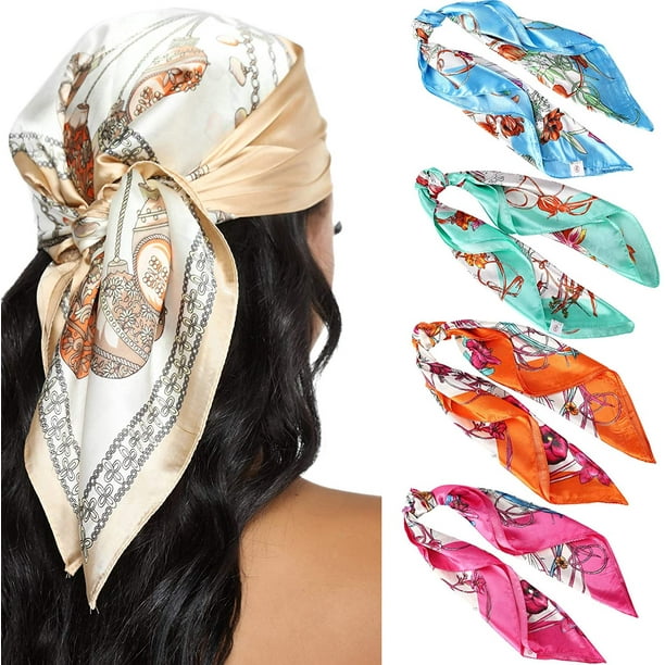 23.6 Inches Satin Head Scarves for Women 4PCS Square Silk Like
