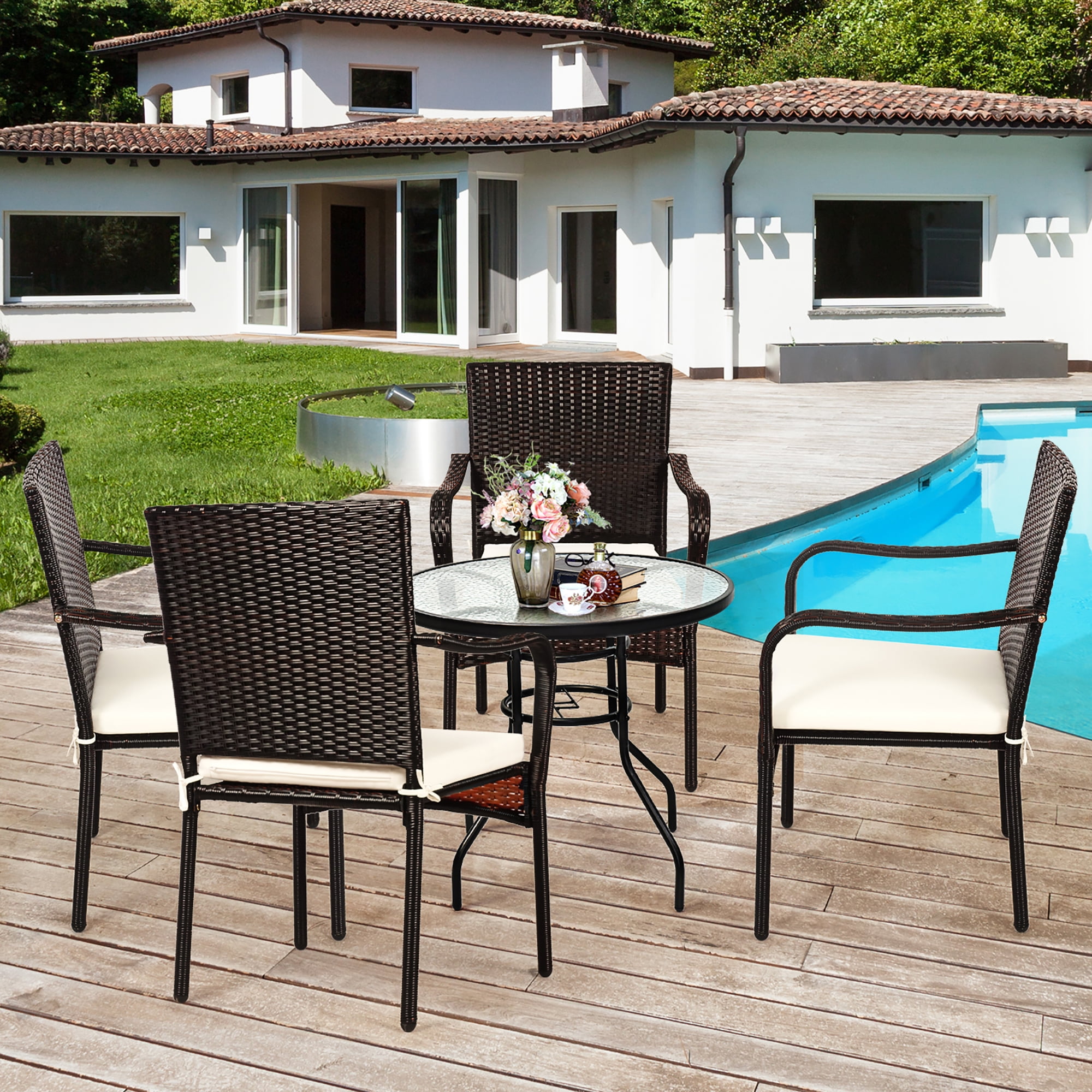 Costway Set of 4 Patio Rattan Dining Chair Stackable Cushioned Armrest Garden
