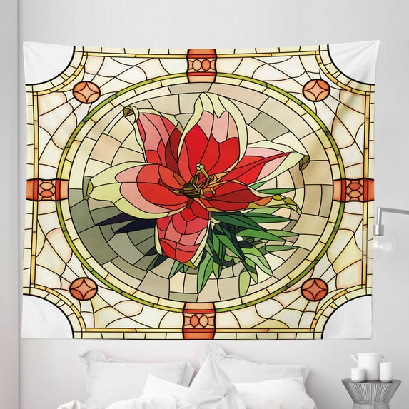 Colorful Tapestry, Vector Antique Glass Image Flower Lily Like Design with Leaves and Buds Art, Fabric Wall Hanging Decor for Bedroom Living Room Dorm, 5 Sizes, Multicolor, by Ambesonne
