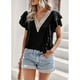 thumbnail image 4 of Camisa de manga corta para mujer, cuello en V profundo, empalme de encaje con volantes, Color puro, informal, suelta, Top de manga corta para mujer para verano, negro L, 4 of 6